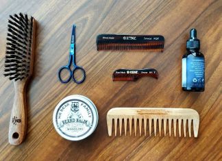 beard oil combs brush balm and scissors