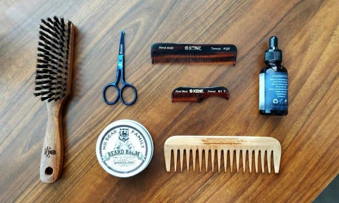 beard oil combs brush balm and scissors