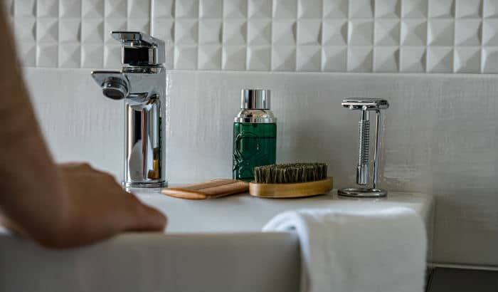 beard products on a kitchen sink