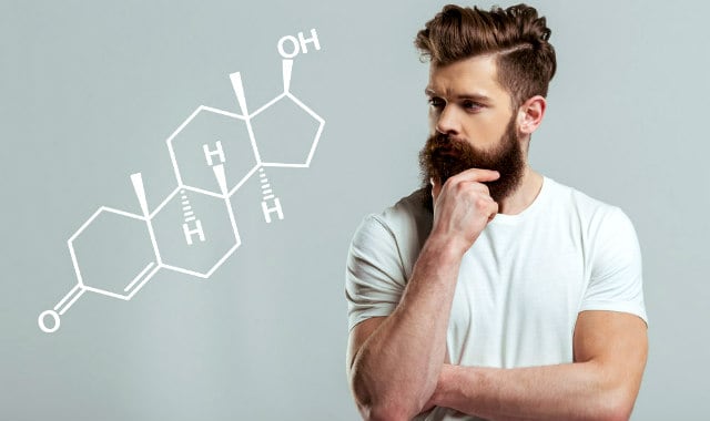 bearded man looking at testosterone chemical structure