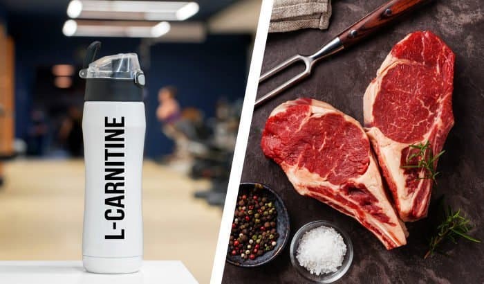 carnitine supplement bottle on the left and steak on the right