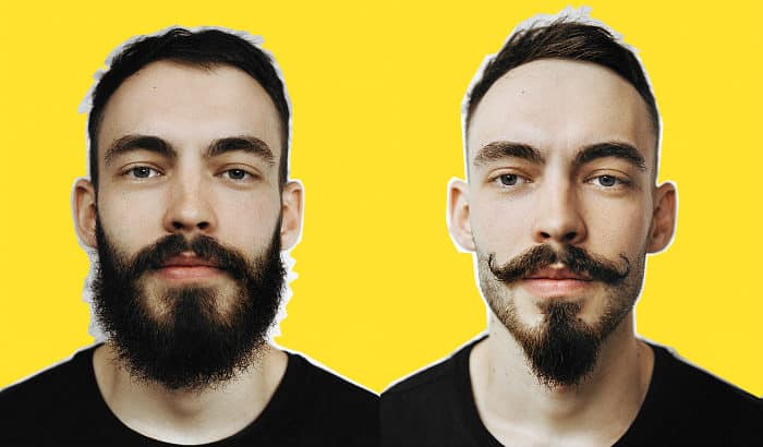 man with full beard and same man with beardstache