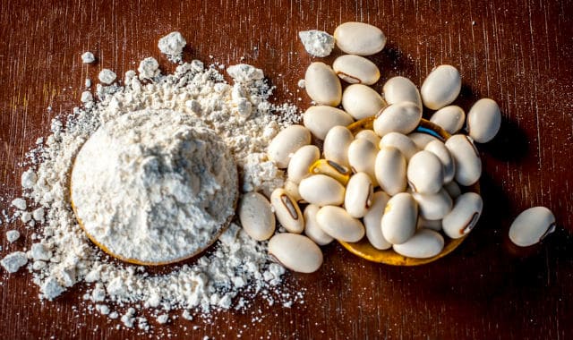 mucuna pruriens powder supplement and beans on a table