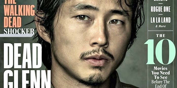 Steven Yeun in magazine cover with thin facial hair